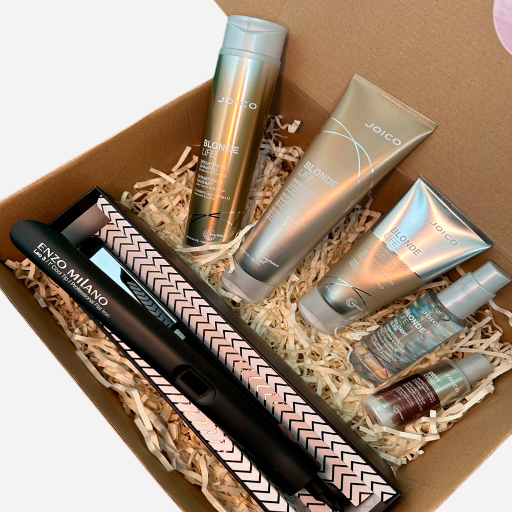 Box reparación cabello con mechas Joico Blonde Life + Plancha Profesional de regalo