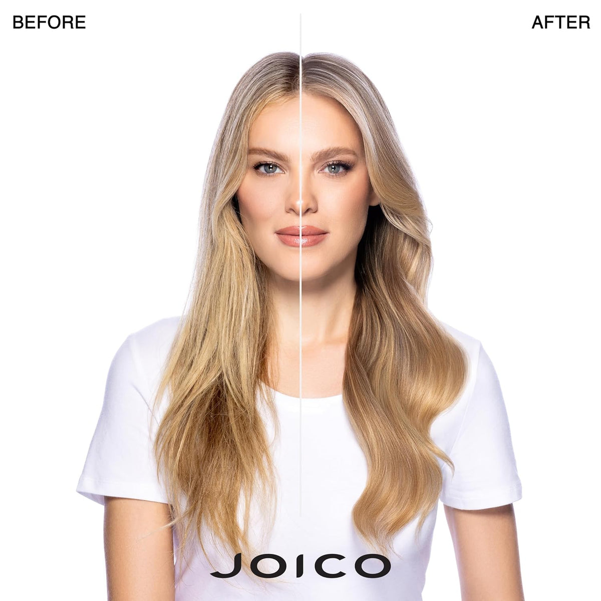 Resultado visual antes y después asociado a la rutina JOICO Blonde Life para cabello rubio