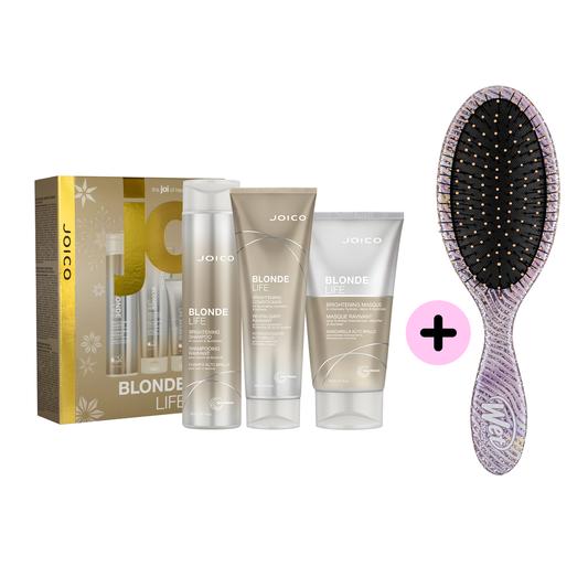 Pack JOICO Blonde Life con shampoo, acondicionador, mascarilla y cepillo Wet Brush de regalo.
